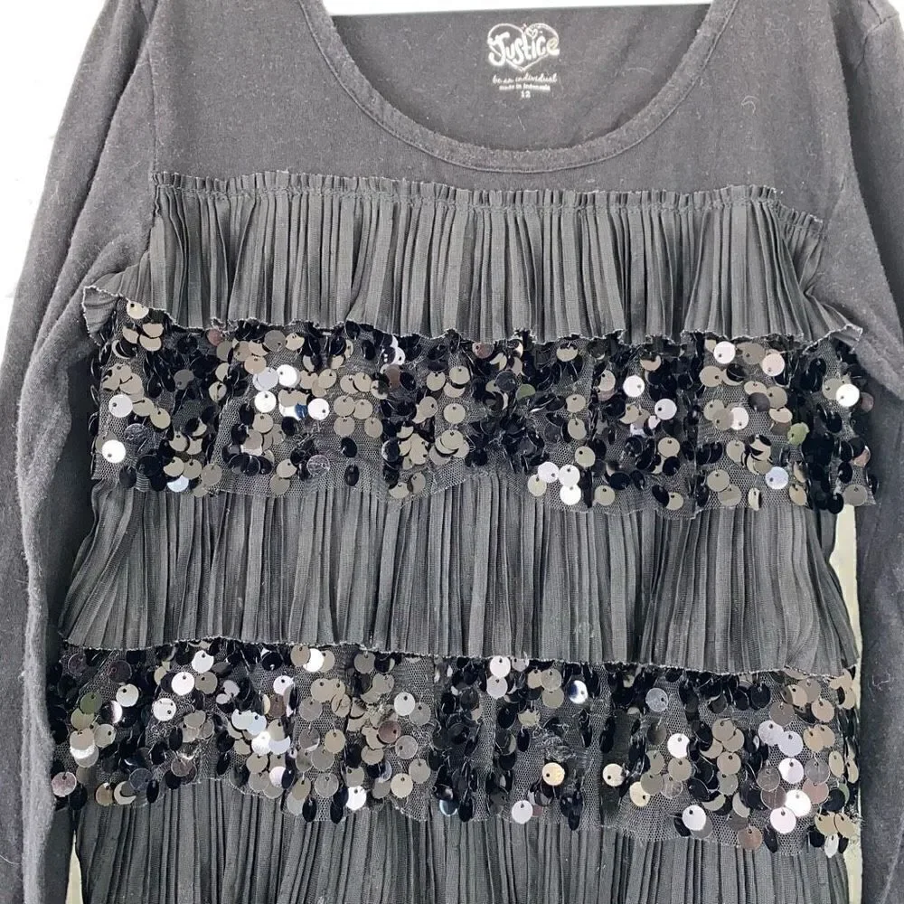 Justice youth girls 12 sequin ruffle Longsleeve top black